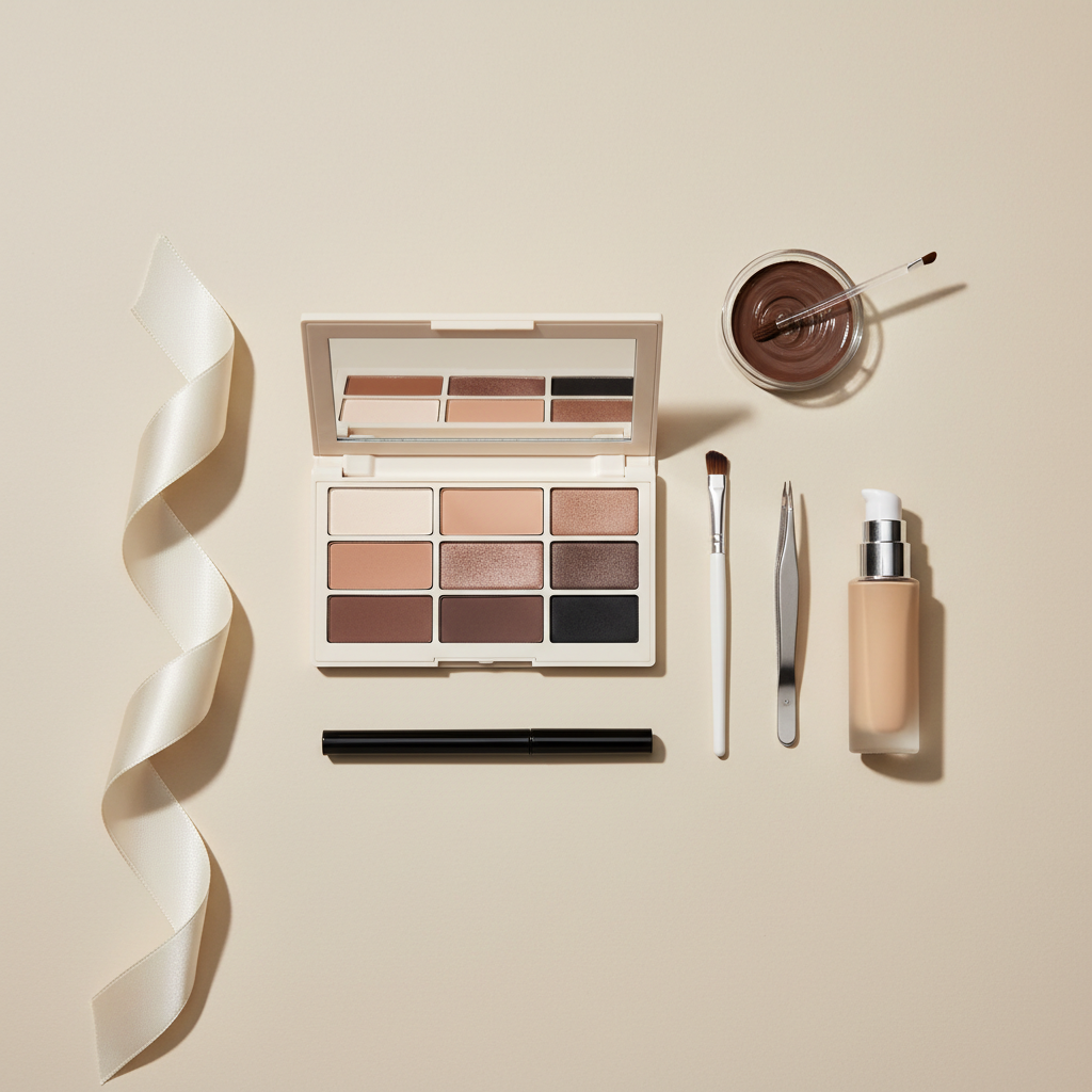An elegant flat-lay composition of bridal and evening makeup essentials arranged with precision on a smooth, light beige surface. A structured eyeshadow palette in soft nudes and smoky browns, a pristine white-handled eyebrow brush next to silver tweezers, a slim black eyeliner, and a frosted glass foundation bottle form a balanced grid. A folded, textured ivory ribbon and a small, clear crystal dish containing brow pomade add refinement. Diffused overhead studio lighting creates soft, even illumination with delicate shadows along each object. Photographic realism, minimalist and clean, with a neutral color palette and meticulous spacing that communicates precision, professionalism, and long-lasting, natural beauty suitable for wedding and special occasion makeup branding.