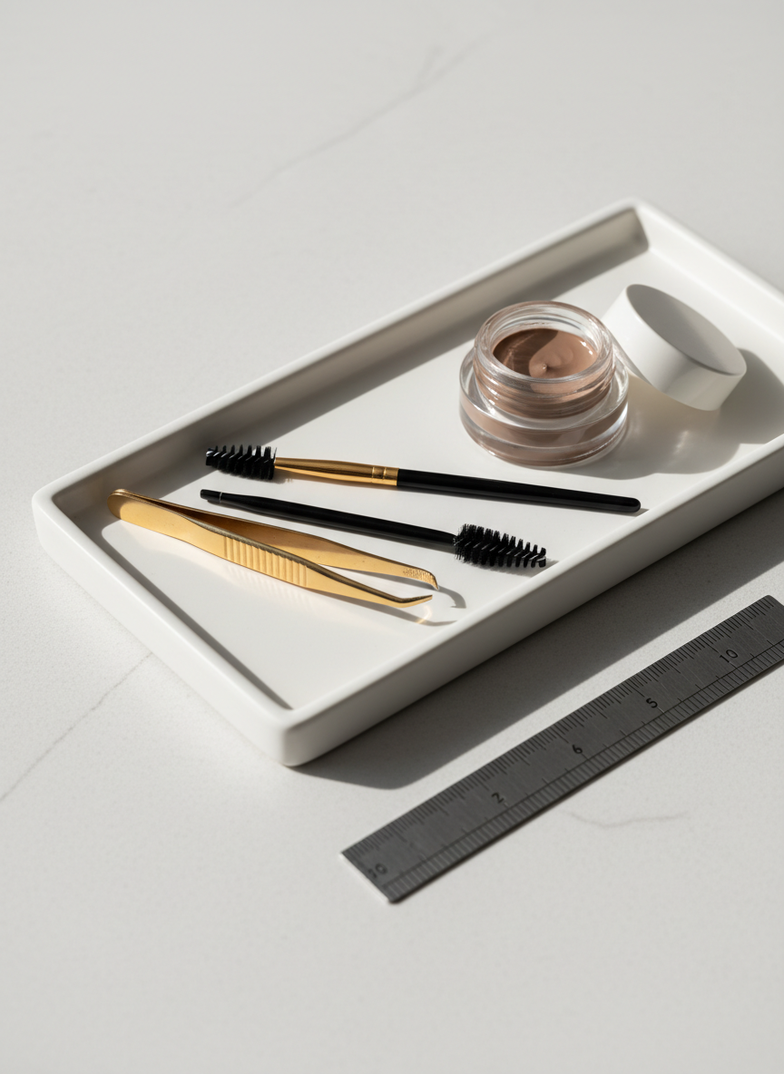 A close-up of a perfectly curated selection of eyebrow styling tools displayed on a matte white ceramic tray, placed on a pale stone countertop. The tray holds gold-accented precision tweezers, an angled eyebrow brush, a spoolie, and a small glass jar of taupe brow pomade with its lid slightly open to reveal a creamy, smooth texture. A stainless-steel brow ruler rests alongside for professional measurement. Soft, directional studio lighting from the left creates subtle highlights on the metal details and gentle shadows that emphasize form. Photographic realism with a corporate, clinical neatness; shot from a slightly elevated angle with sharp focus throughout, evoking expertise, accuracy, and a premium beauty salon standard for brow regulation and styling.