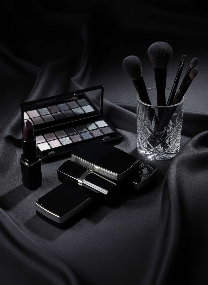 An evening makeup theme captured through a precisely arranged group of sleek black compacts, a deep plum lipstick in a glossy tube, and a shimmering charcoal eyeshadow palette, all positioned on a dark, satin-textured surface with subtle folds. A clear crystal tumbler containing impeccably clean makeup brushes adds structure on the right. Focused, controlled studio lighting from above and slightly behind creates reflective highlights along the product edges and a sophisticated gradient of shadows, suggesting depth and drama. Photographic realism, low, slightly angled composition, with emphasis on contrast between rich dark tones and metallic accents, embodying the bold, refined character of professional evening and occasion makeup services.