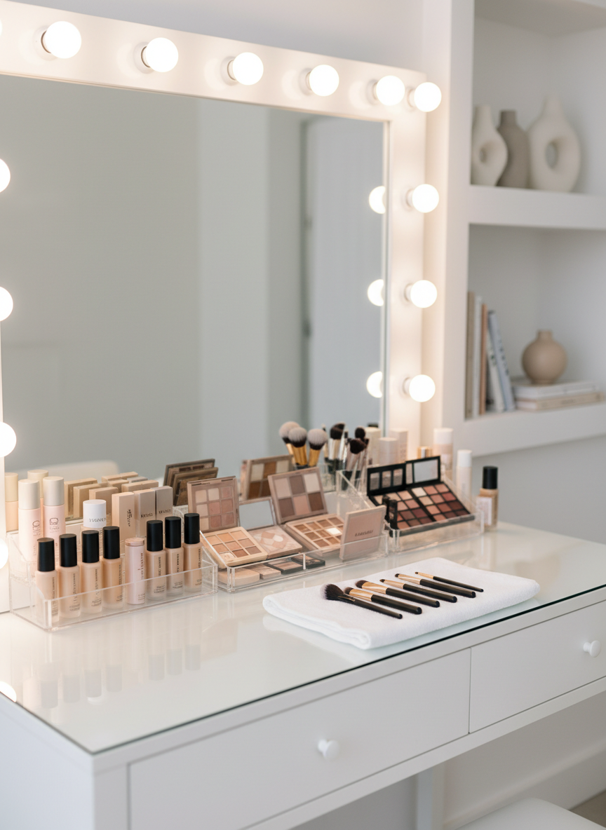 A meticulously organized professional makeup workstation in a bright, modern studio, featuring a clean white vanity table with a glass top and a large rectangular mirror framed by soft, daylight-balanced LED bulbs. High-end makeup products in neutral, elegant packaging are neatly arranged in acrylic organizers: foundation bottles, eyeshadow palettes in taupes and rose tones, and premium brushes with sleek black handles resting on a folded white cotton towel. The background shows softly blurred built-in shelving with minimal décor in beige and warm gray. Photographic realism, shot at eye level with a shallow depth of field, soft studio lighting creating gentle reflections and subtle shadows, conveying a calm, professional, and luxurious atmosphere aligned with a corporate, clean aesthetic.