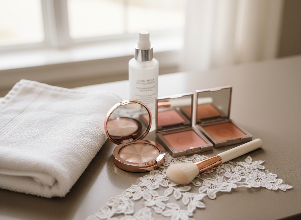 A detailed shot of a makeup station prepared for a bridal session, with an immaculate folded white towel on a matte taupe countertop and a curated selection of soft, romantic shades. A pearl-toned highlighter compact catches the light, flanked by blush palettes in rose and peach, and a long-wear setting spray in a frosted bottle. A delicate lace swatch lies partially under a rose-gold handled brush, hinting at a wedding gown. Gentle, diffused natural light from a nearby window casts soft, flattering illumination with barely-there shadows. Photographic realism, shot from a slightly elevated angle, neutral background blurred, conveying warmth, anticipation, and lasting elegance associated with bridal makeup artistry.