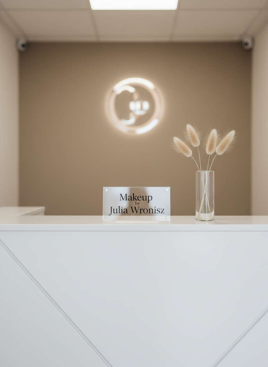 A polished beauty studio reception detail featuring a minimalist white counter with sharply defined edges, a small clear acrylic sign reading “Makeup by Julia Wronisz” in refined black typography, and a single, understated glass vase with a few pale, neutral-toned dried stems. Behind, a soft-focus wall in warm greige displays a discreet metallic logo emblem. Clean, even studio lighting from above and slightly to the front creates smooth, shadow-free surfaces with subtle reflections along the counter edge. Photographic realism, eye-level composition with centered focus on the sign, generous negative space, and a structured, corporate aesthetic that communicates professionalism, calm efficiency, and a welcoming yet understated atmosphere for a high-end makeup studio.
