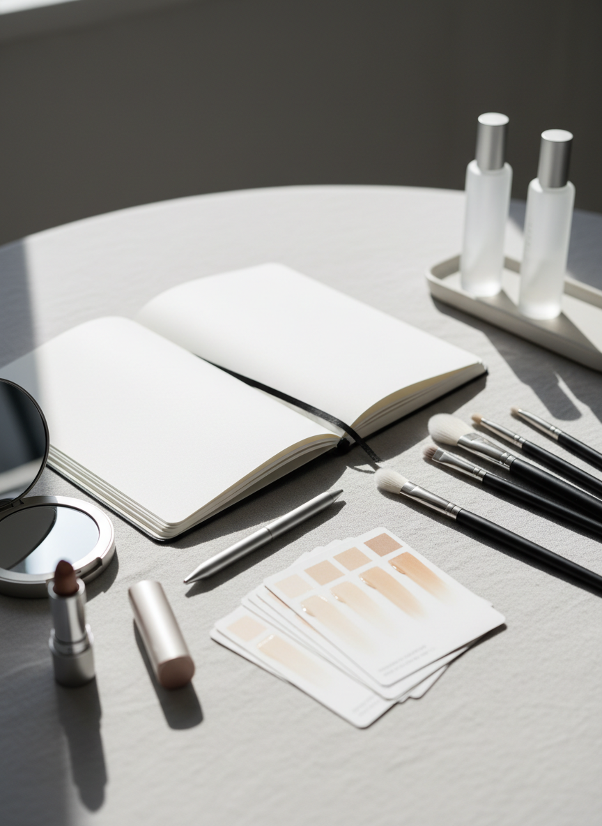 A sophisticated makeup consultation scene represented only by products and tools arranged around an open, minimalist notebook on a light grey linen-covered table. High-quality brushes with black matte handles and white bristles fan neatly beside a slim silver pen. Nearby lie swatched foundation cards in varying natural tones, a closed nude-toned lipstick, and a compact mirror with a brushed metal finish. In the background, out of focus, stand two elegant frosted glass bottles on a narrow tray. Soft daylight filters in from the right, producing calm, balanced illumination and faint shadows. Photographic realism, rule-of-thirds composition from a slightly elevated angle, neutral palette of whites, greys, and soft beige, evoking an individualized, thoughtful approach to selecting the perfect makeup look.